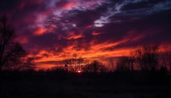 Silhouette tree back lit by vibrant sunset generated by AI photo