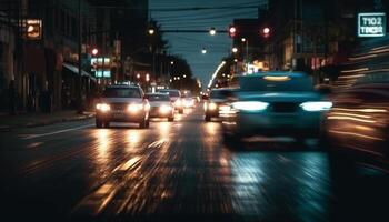 brillante autobús velocidades mediante ciudad ocupado noche generado por ai foto