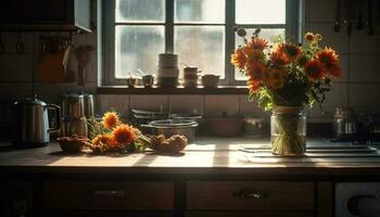Fresh sunflower bouquet in rustic kitchen cabinet generated by AI photo