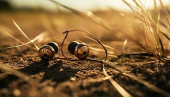 escuchando a naturaleza banda sonora con antiguo auriculares generado por ai foto