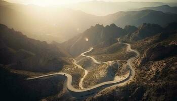 conducción en devanado camino, montaña rango puesta de sol generado por ai foto