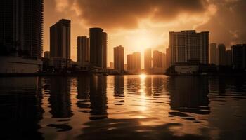 puesta de sol reflexión en rascacielos, paisaje urbano, y agua generado por ai foto