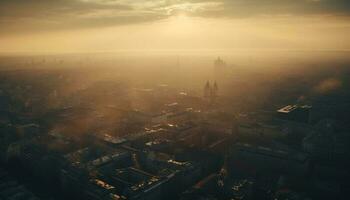 Medieval city skyline illuminated by sunset glow generated by AI photo