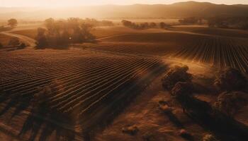 Sunset over tranquil farm, wheat ready for harvesting generated by AI photo