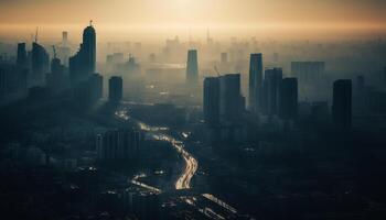 Glowing city skyline at dusk, traffic flows generated by AI photo