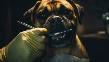 linda perrito retrato, cerca arriba de buldog dientes generado por ai foto