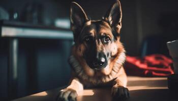 Purebred German Shepherd puppy sitting indoors, looking cute generated by AI photo