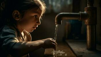Young girl drinking fresh water from faucet generated by AI photo