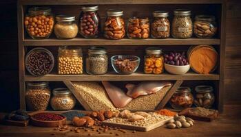 Healthy snack collection in rustic wooden bowl generated by AI photo