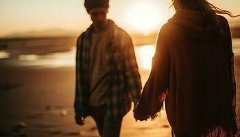 Young couple holding hands, enjoying sunset outdoors generated by AI photo