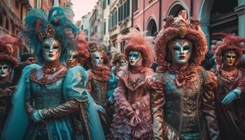 vistoso veneciano carnaval mascaras traer fantasía viva generado por ai foto