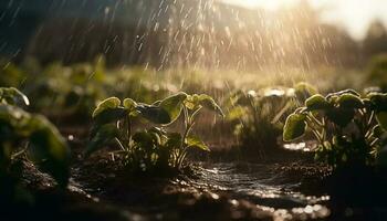 Fresh green leaf growth in wet springtime generated by AI photo