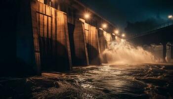 Electricity flowing through wet hydroelectric power generator generated by AI photo