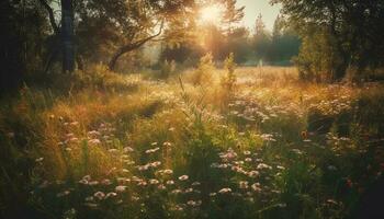 Vibrant wildflowers bloom in tranquil meadow scene generated by AI photo