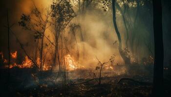 Spooky forest fire creates mystery and danger generated by AI photo