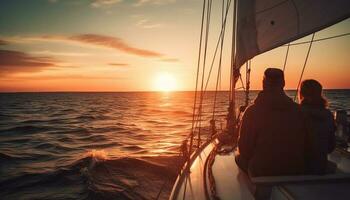Sailing men and women enjoy sunset adventure generated by AI photo