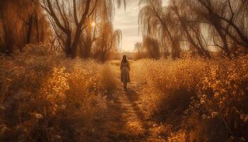 One person walking in tranquil autumn forest generated by AI photo