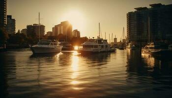 Luxury yacht sails into tranquil cityscape sunset generated by AI photo