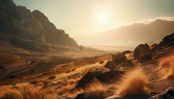 puesta de sol terminado montaña rango, tranquilo belleza en naturaleza generado por ai foto