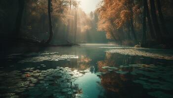 Tranquil scene of autumn forest by pond generated by AI photo