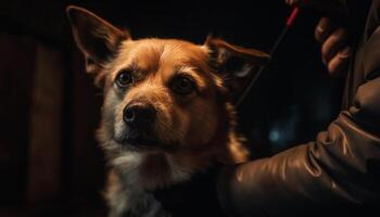 Cute terrier puppy playing with human hand generated by AI photo