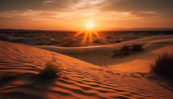 Majestic sand dunes ripple in tranquil sunset generated by AI photo