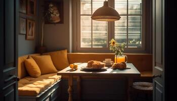 Comfortable modern room with rustic bread and croissant generated by AI photo