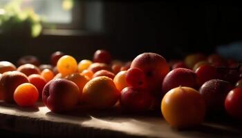 Juicy citrus fruits and vegetables on rustic table generated by AI photo