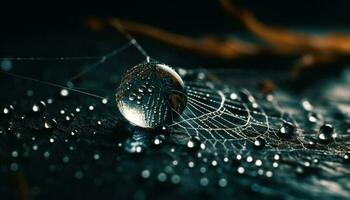 Spider web glistens with dewdrop raindrops generated by AI photo