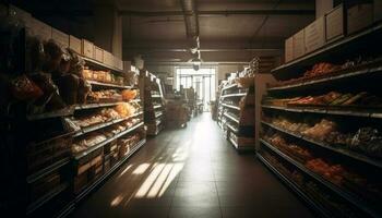 abundancia de Fresco comestibles en moderno supermercado generado por ai foto