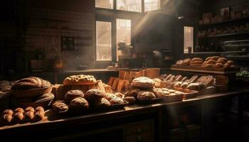 recién horneado un pan y pasteles llenar Tienda estantería generado por ai foto