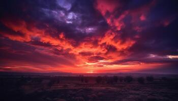 Vibrant sunset over rural forest and meadow generated by AI photo