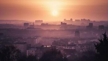 Silhouette skyline, back lit sunset, panoramic cityscape generated by AI photo