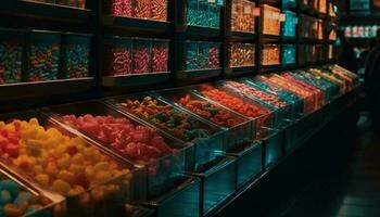 abundancia de vistoso dulces en moderno Tienda generado por ai foto