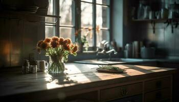 Fresco ramo de flores en rústico mesa en moderno cocina generado por ai foto