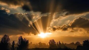 Silhouette tree backlit by vibrant sunset sky generated by AI photo