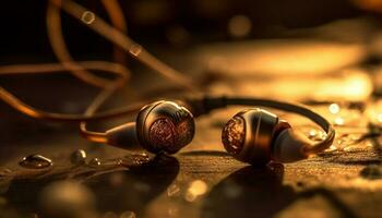 Shiny metal headphones on wooden table foreground generated by AI photo