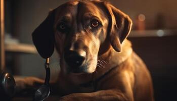 Cute puppy sitting, looking at camera indoors generated by AI photo