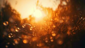 brillante Rocío gotas en amarillo hoja fondo generado por ai foto