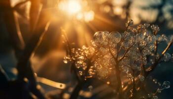 iluminado por el sol hoja en mojado rama, naturaleza belleza generado por ai foto