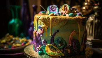 Multi colored birthday cake with ornate decoration generated by AI photo