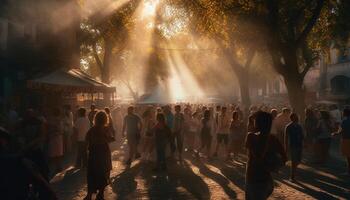 grande multitud camina hacia iluminado música festival etapa generado por ai foto