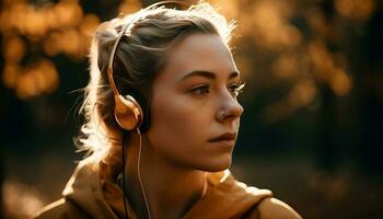 joven mujer disfrutando naturaleza, escuchando con auriculares generado por ai foto