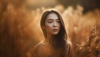 Young woman in nature, beauty at sunset generated by AI photo
