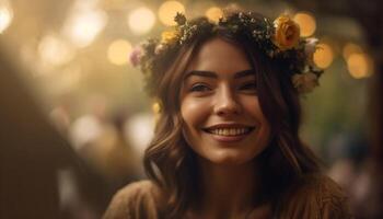 One young woman smiling with confidence outdoors generated by AI photo