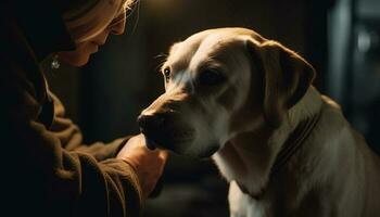 Labrador puppy embraces owner in winter sunlight generated by AI photo