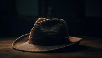 Cowboy hat and fedora on wooden table generated by AI photo