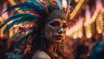 joven mujer sonriente en vistoso carnaval disfraz generado por ai foto