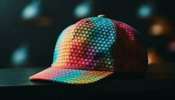 Multi colored baseball cap illuminated in vibrant lighting generated by AI photo