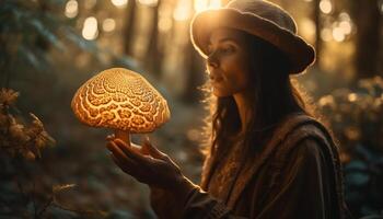 Young woman holding fresh organic fungus outdoors generated by AI photo